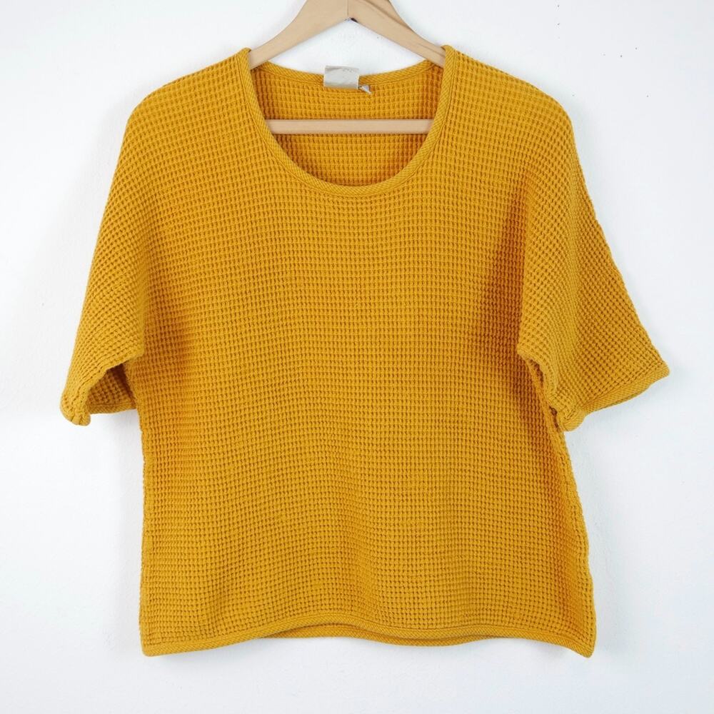 Focus Medium Waffle Knit Top Mustard Yellow Thermal Boho Lagenlook Cotton Grunge
